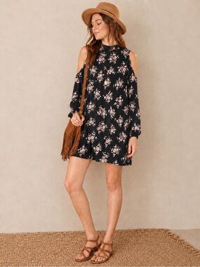 ANGIE Black with pink Floral Cold Shoulder Dress Open Back Bohemian